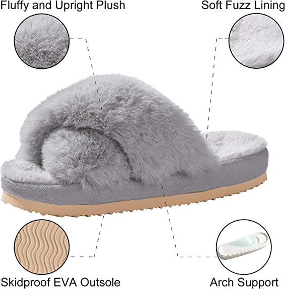 KAUACH Women's Fuzzy Cross Band Slip-on Open Toe House Slippers