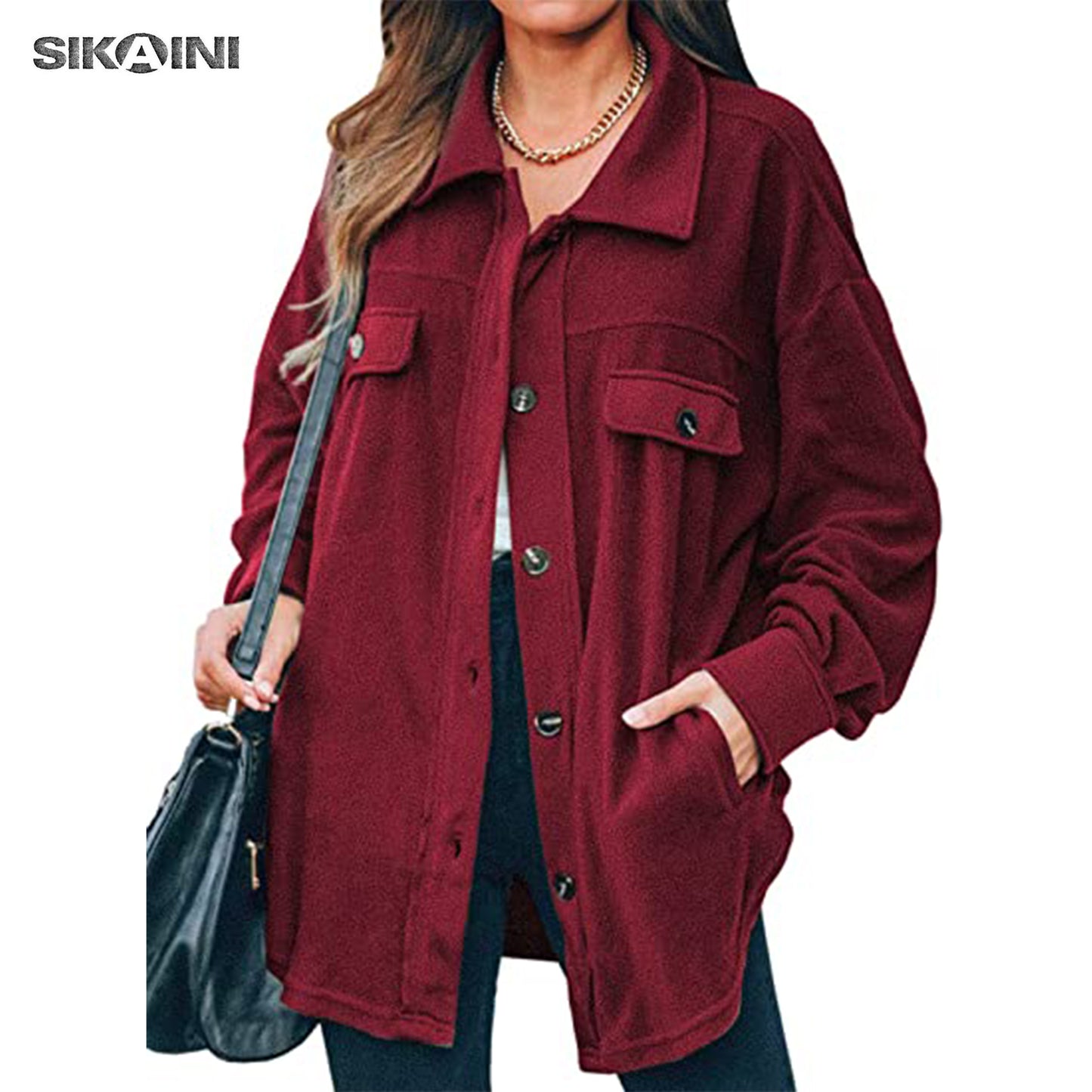 SIKAINI Women Casual Coat Long Sleeve Shacket Jacket with Pockets