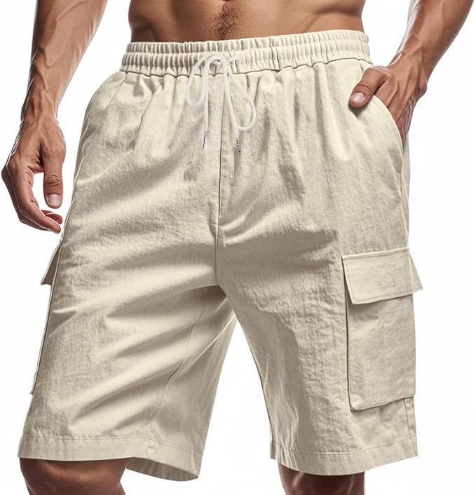 Woenzaia Mens Linen Cargo Shorts
