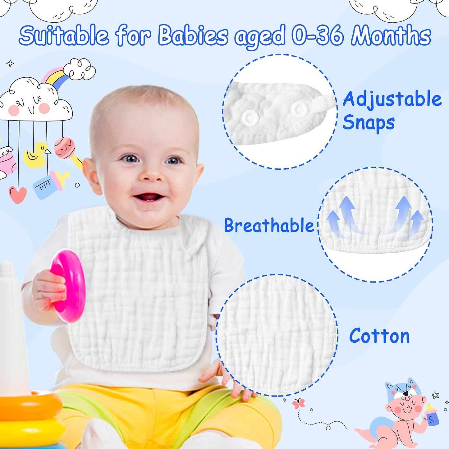 storeofbaby 6Pcs Snap Muslin Cloth Baby Bibs