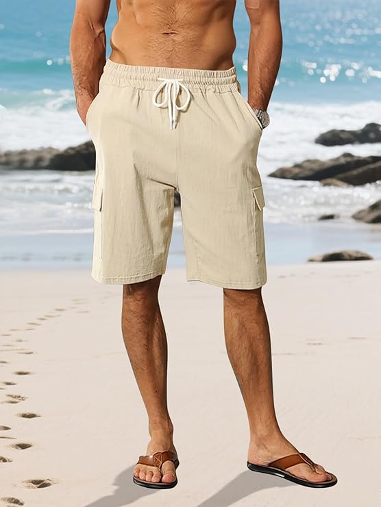 Woenzaia Mens Linen Cargo Shorts