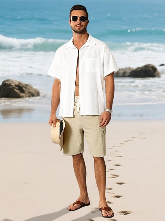 Woenzaia Mens Linen Cargo Shorts
