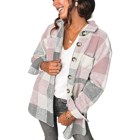 MINGALONDON Women's Brushed Plaid Flannel Button Down Jacket