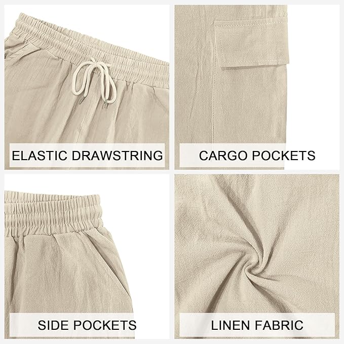 Woenzaia Mens Linen Cargo Shorts