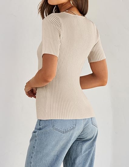 Mystry Zone Women's Short Sleeve Square Neck Knit T Shirts