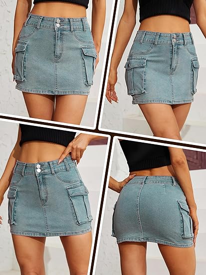 QUEEN PLUS Women Button Mini Cargo Denim Skirt