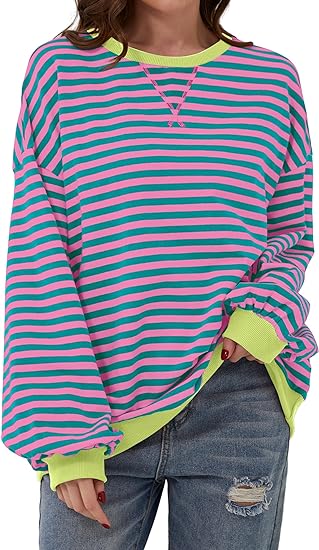 BETTE BOUTIK Women Oversized Striped Color Block Long Sleeve Pullover