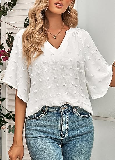 Crazy Grid Womens Summer V Neck Swiss Dot Blouses