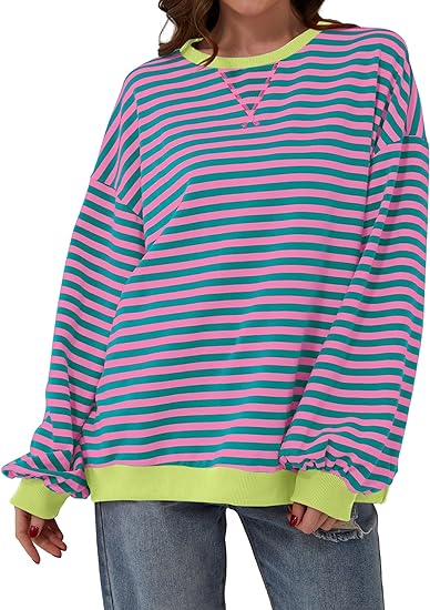 BETTE BOUTIK Women Oversized Striped Color Block Long Sleeve Pullover