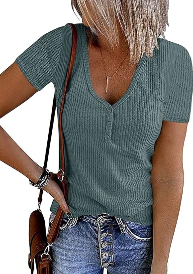 CHICZONE Women's V Neck Ribbed Knit Button T Shirts