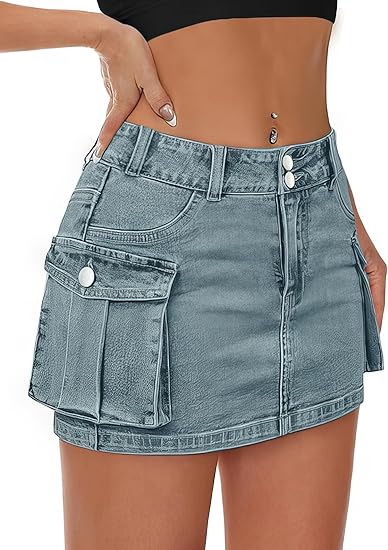 QUEEN PLUS Women Button Mini Cargo Denim Skirt