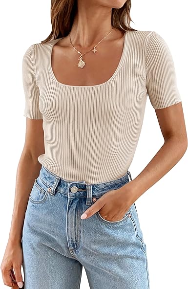 Mystry Zone Women's Short Sleeve Square Neck Knit T Shirts