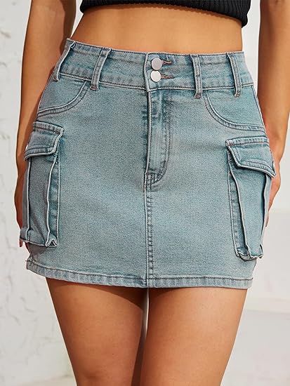 QUEEN PLUS Women Button Mini Cargo Denim Skirt