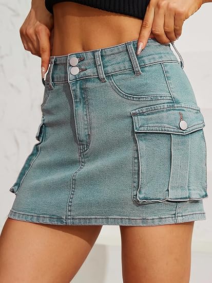 QUEEN PLUS Women Button Mini Cargo Denim Skirt