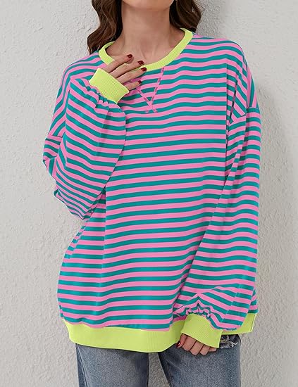 BETTE BOUTIK Women Oversized Striped Color Block Long Sleeve Pullover