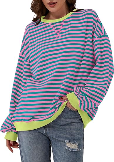 BETTE BOUTIK Women Oversized Striped Color Block Long Sleeve Pullover