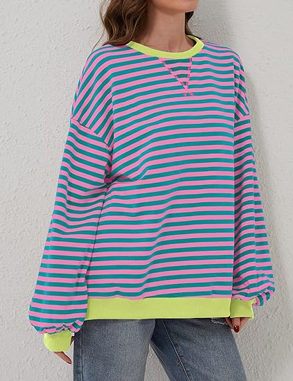 BETTE BOUTIK Women Oversized Striped Color Block Long Sleeve Pullover