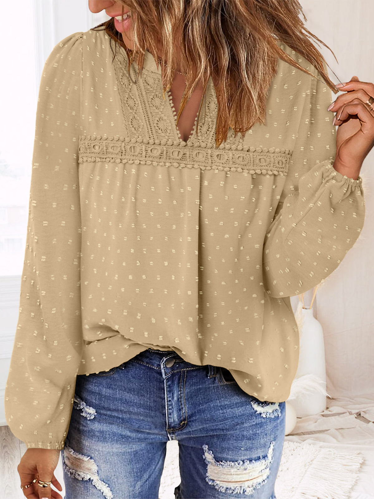 BETTE BOUTIK Womens Boho Fall Fashion Tops Long Sleeve Casual Shirts Flowy Swiss Dot Blouses