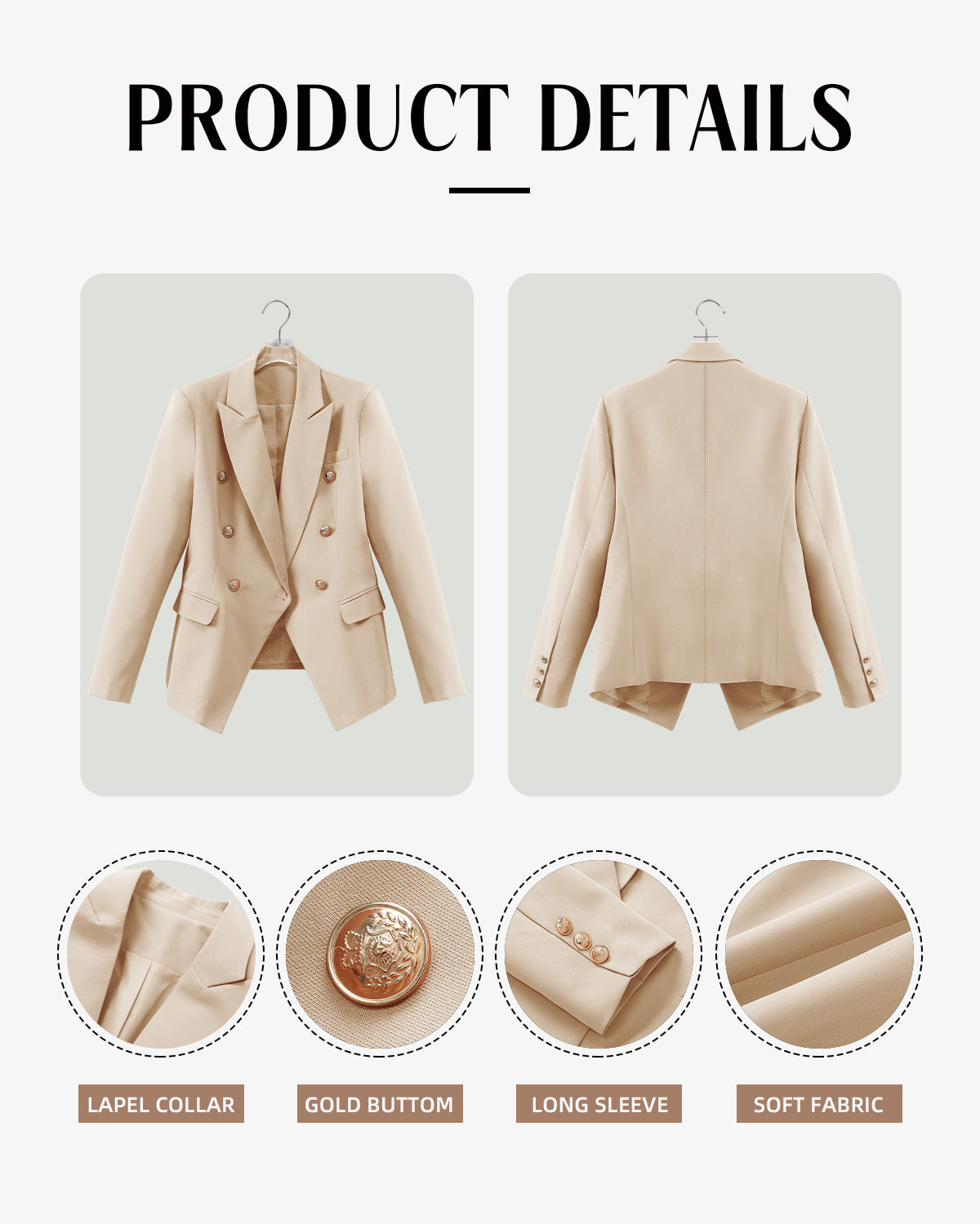 CRAZY GRID Womens Double Breasted Gold Button Business Casual Blazer