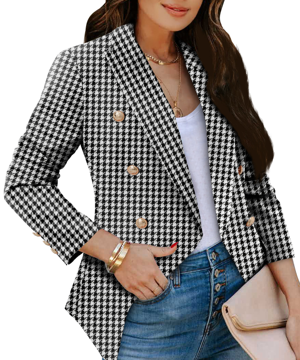 CRAZY GRID Womens Double Breasted Gold Button Business Casual Blazer