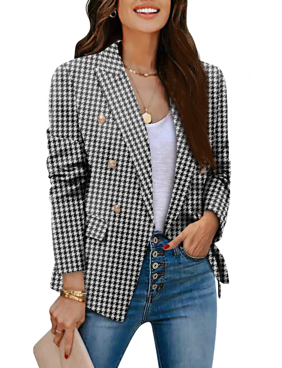 CRAZY GRID Womens Double Breasted Gold Button Business Casual Blazer