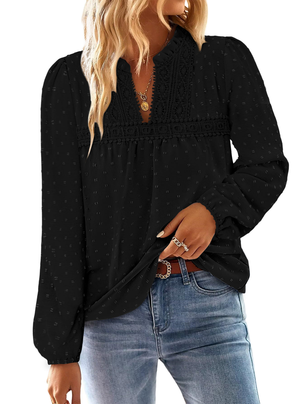 BETTE BOUTIK Womens Boho Fall Fashion Tops Long Sleeve Casual Shirts Flowy Swiss Dot Blouses