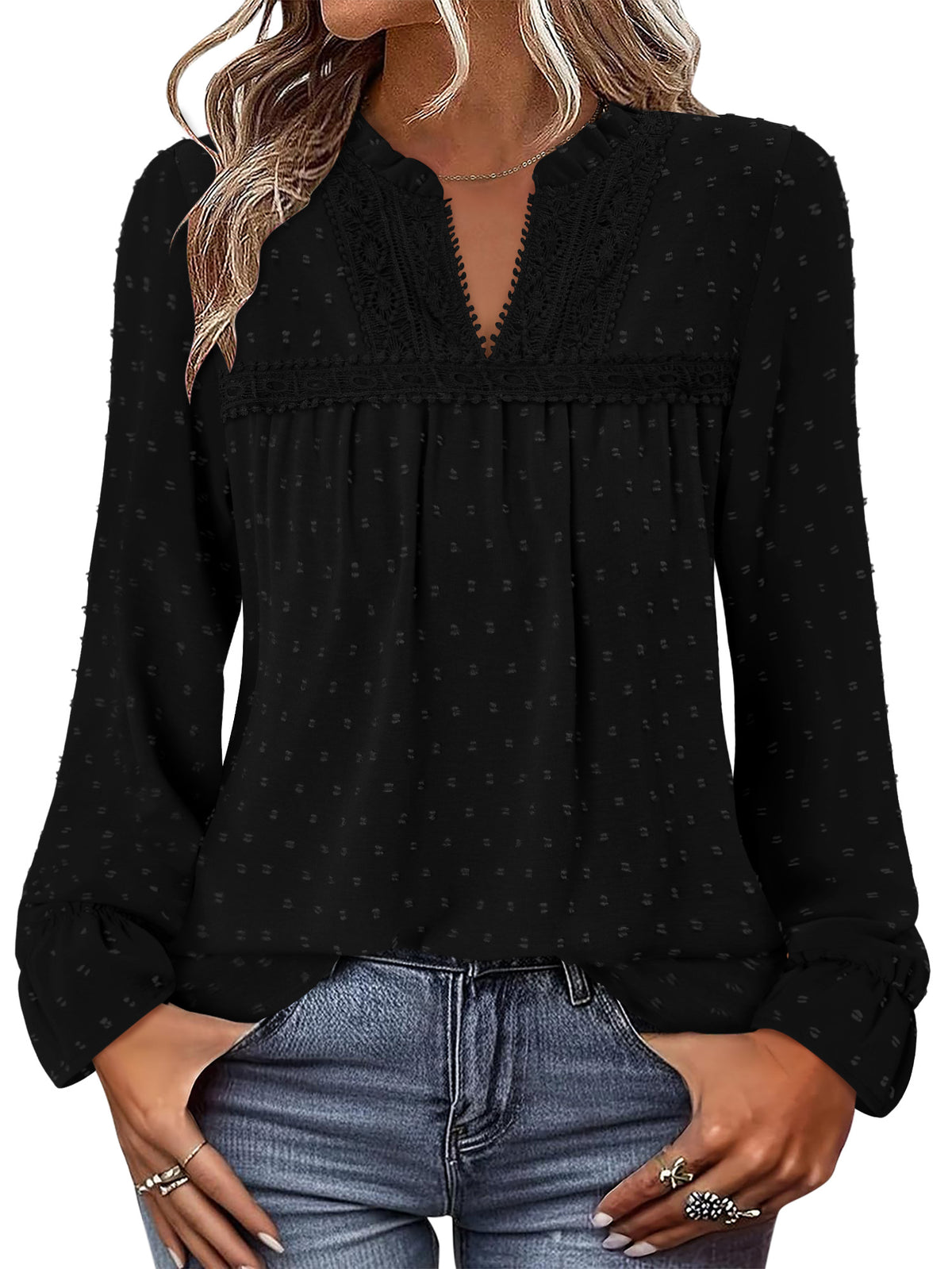 BETTE BOUTIK Womens Boho Fall Fashion Tops Long Sleeve Casual Shirts Flowy Swiss Dot Blouses