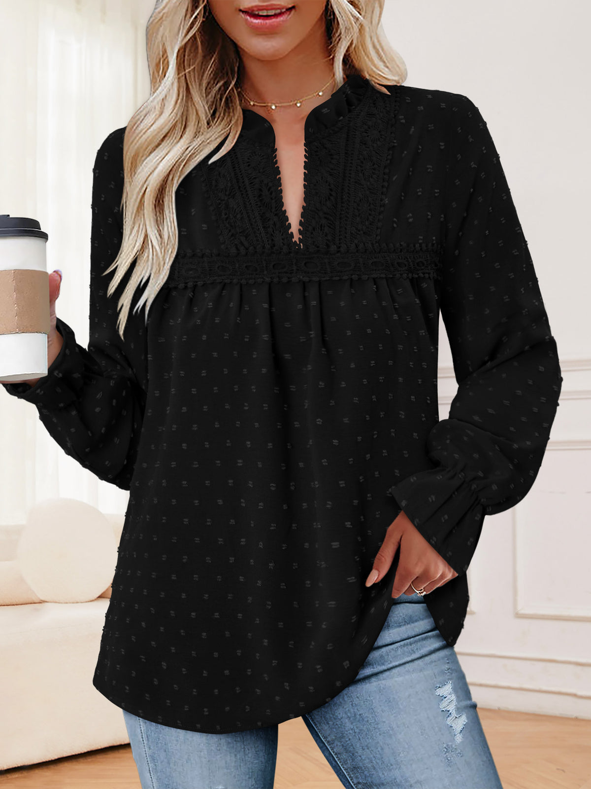 BETTE BOUTIK Womens Boho Fall Fashion Tops Long Sleeve Casual Shirts Flowy Swiss Dot Blouses