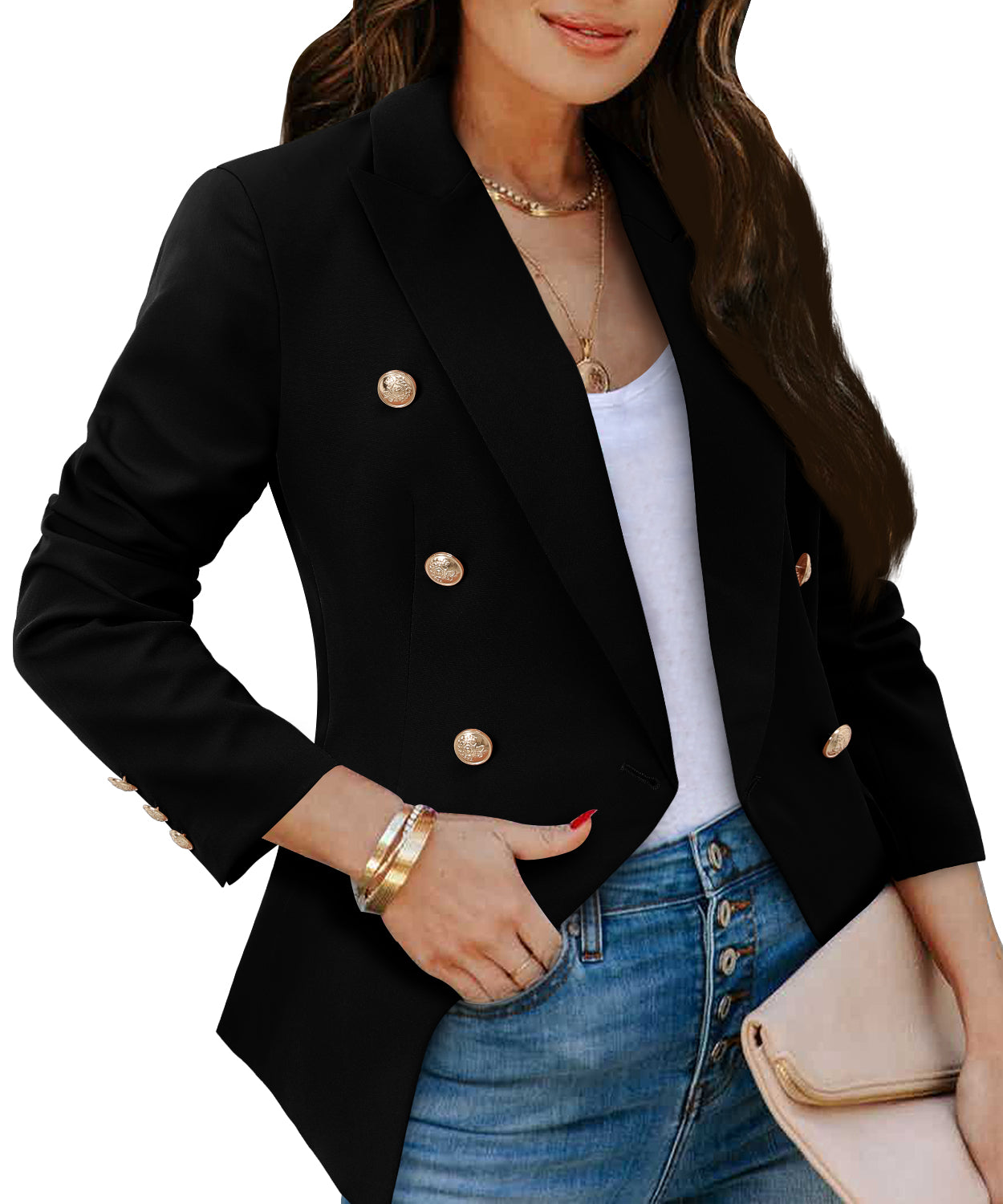CRAZY GRID Womens Double Breasted Gold Button Business Casual Blazer