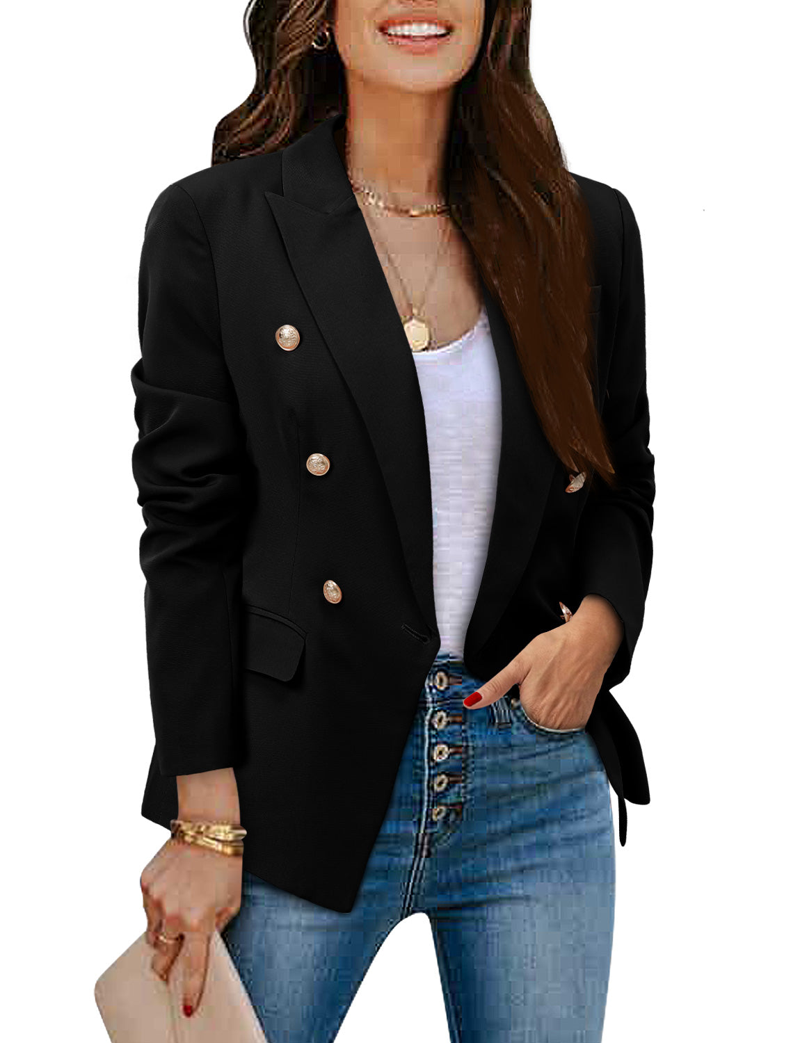 CRAZY GRID Womens Double Breasted Gold Button Business Casual Blazer