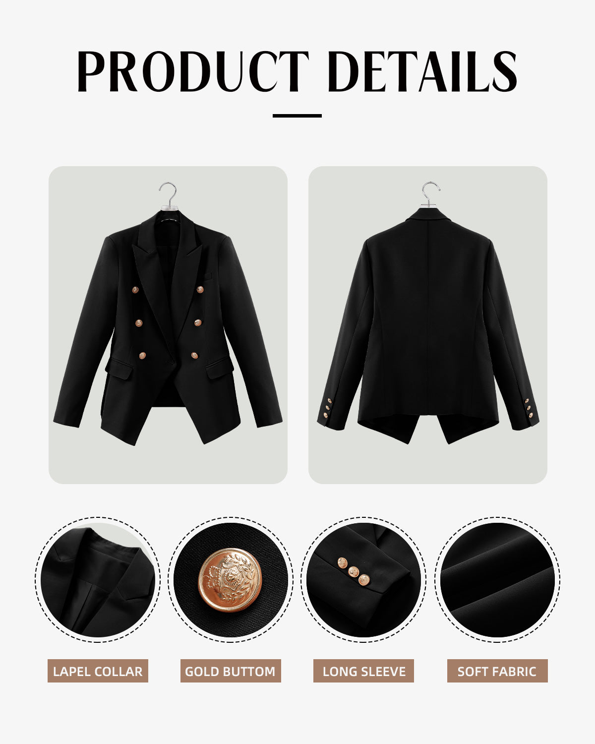 CRAZY GRID Womens Double Breasted Gold Button Business Casual Blazer