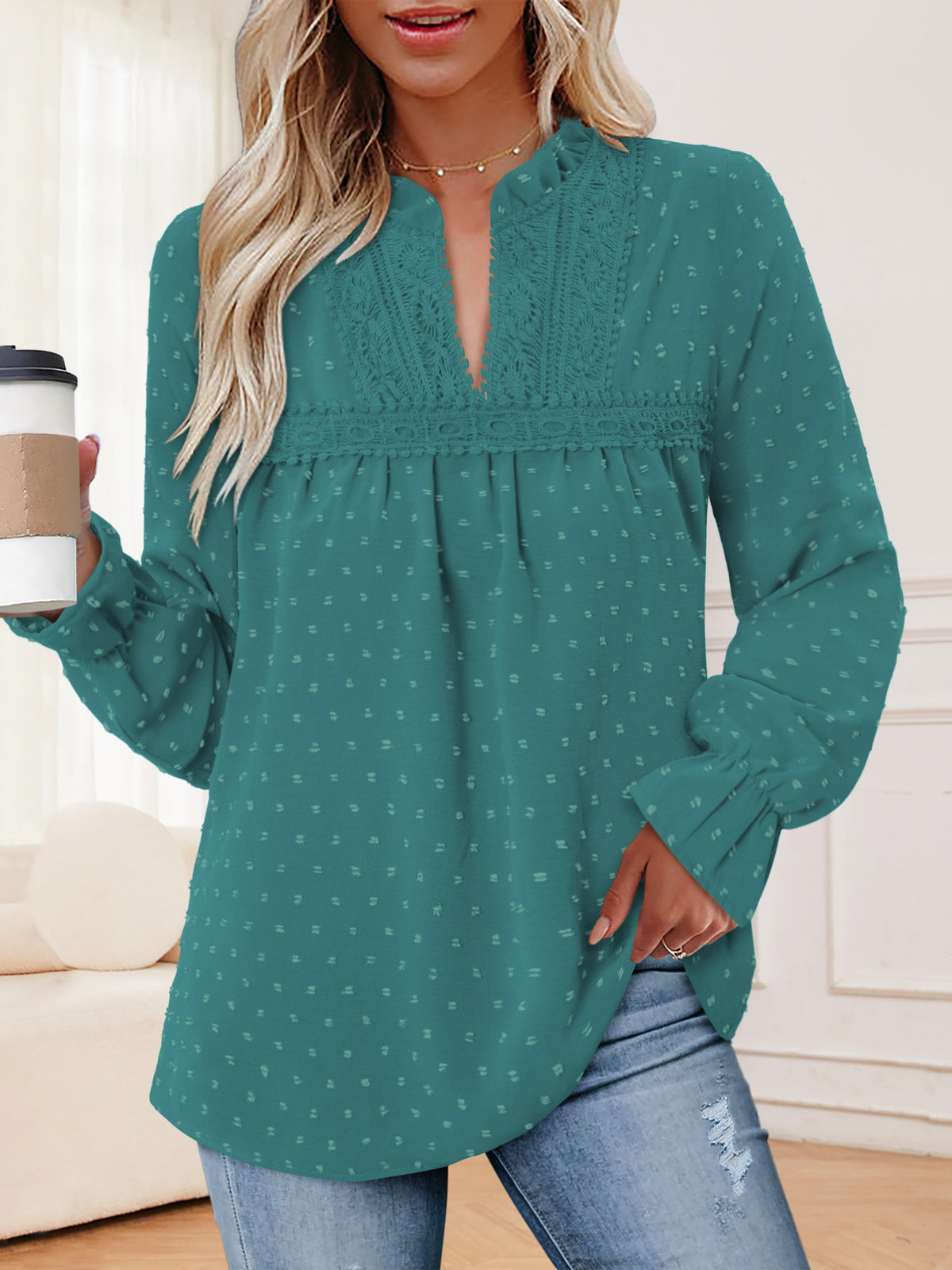 BETTE BOUTIK Womens Boho Fall Fashion Tops Long Sleeve Casual Shirts Flowy Swiss Dot Blouses