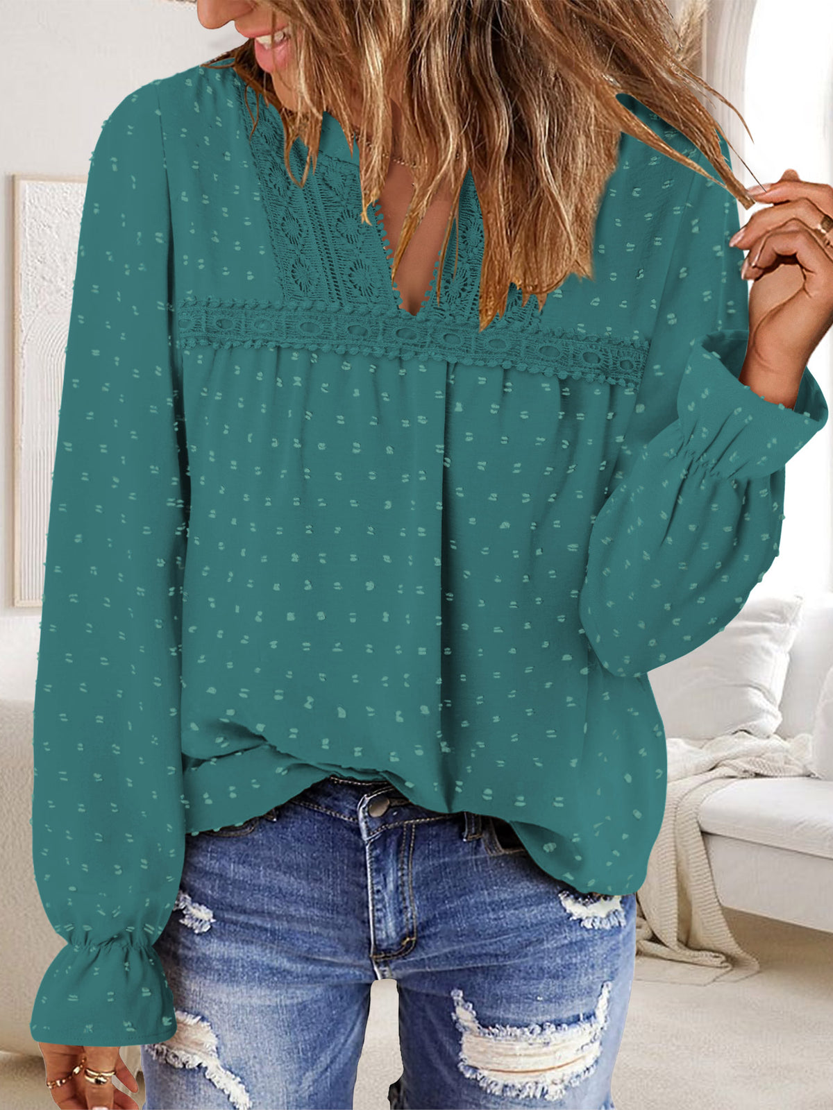 BETTE BOUTIK Womens Boho Fall Fashion Tops Long Sleeve Casual Shirts Flowy Swiss Dot Blouses