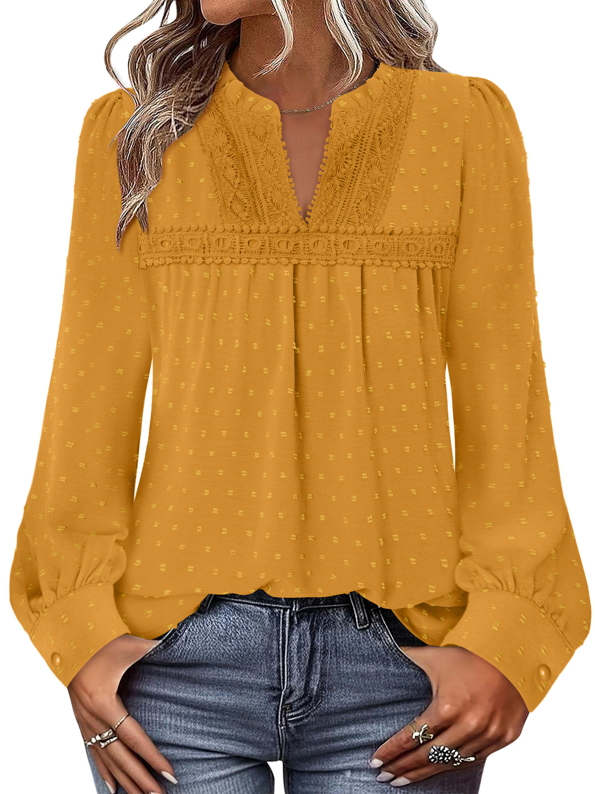 BETTE BOUTIK Womens Boho Fall Fashion Tops Long Sleeve Casual Shirts Flowy Swiss Dot Blouses