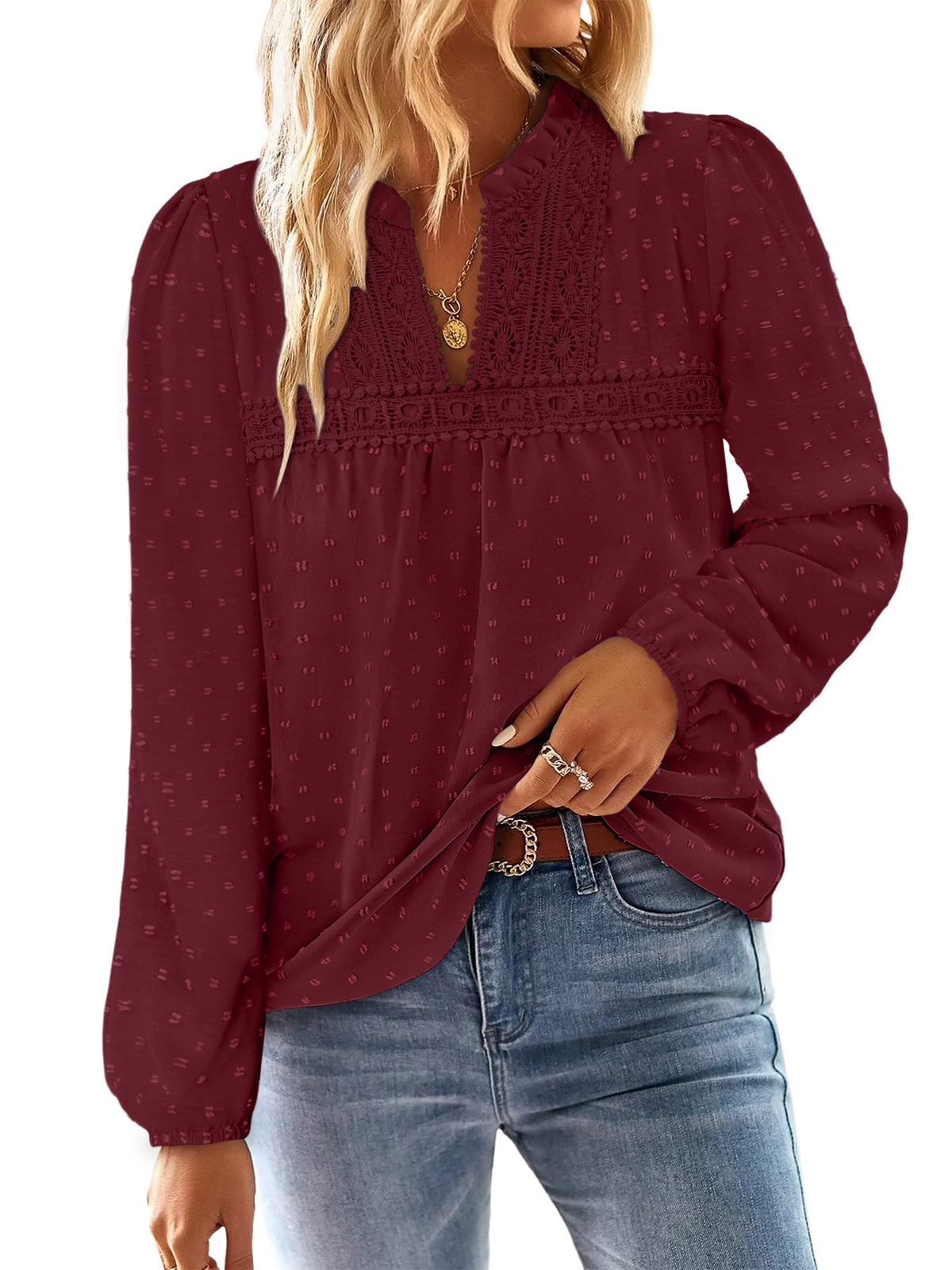 BETTE BOUTIK Womens Boho Fall Fashion Tops Long Sleeve Casual Shirts Flowy Swiss Dot Blouses