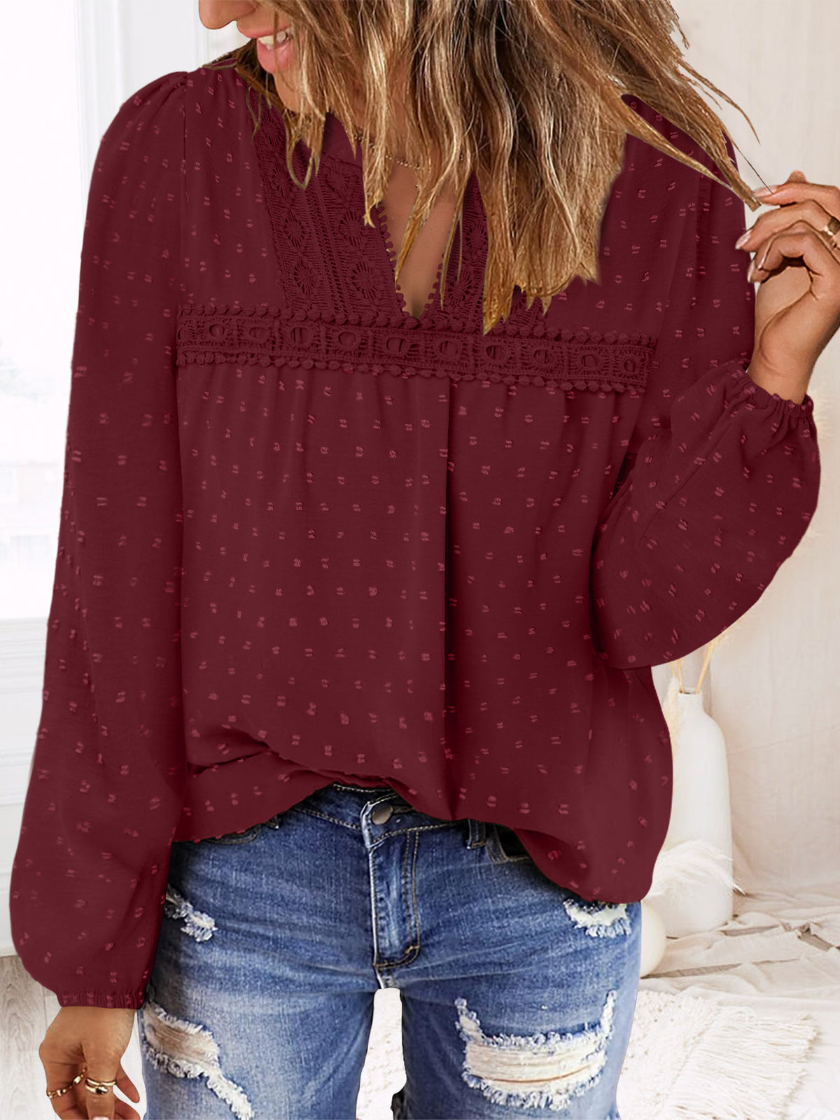 BETTE BOUTIK Womens Boho Fall Fashion Tops Long Sleeve Casual Shirts Flowy Swiss Dot Blouses