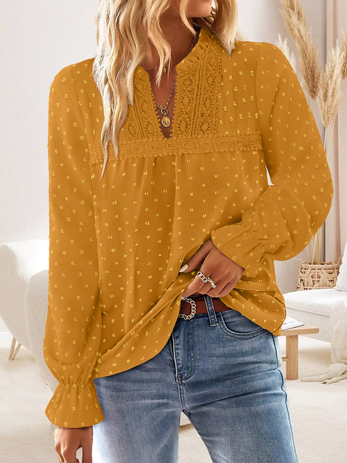 BETTE BOUTIK Womens Boho Fall Fashion Tops Long Sleeve Casual Shirts Flowy Swiss Dot Blouses