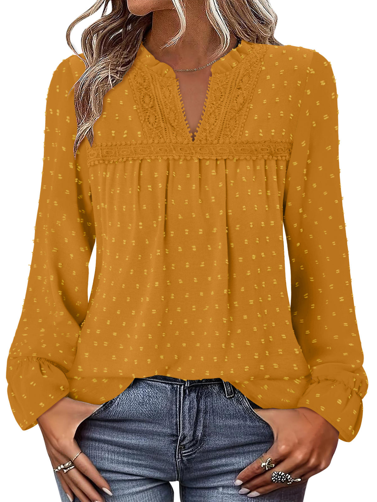 BETTE BOUTIK Womens Boho Fall Fashion Tops Long Sleeve Casual Shirts Flowy Swiss Dot Blouses