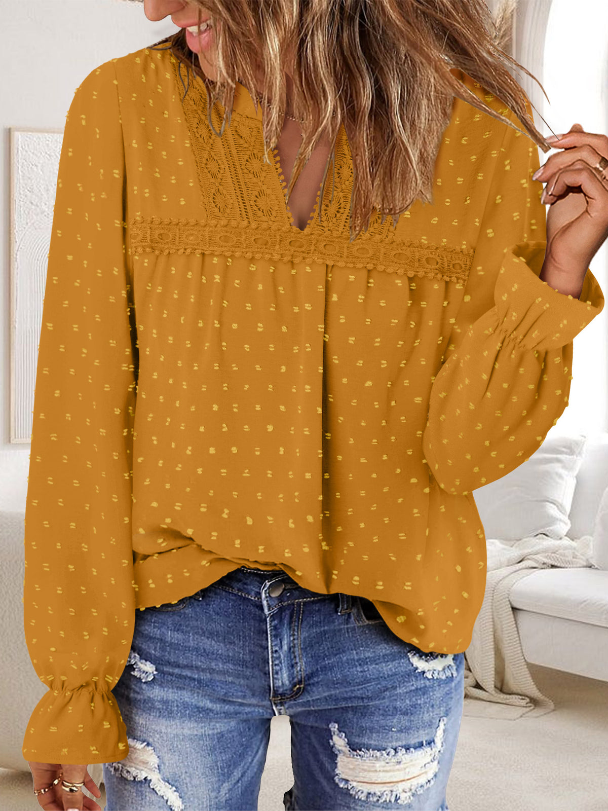 BETTE BOUTIK Womens Boho Fall Fashion Tops Long Sleeve Casual Shirts Flowy Swiss Dot Blouses