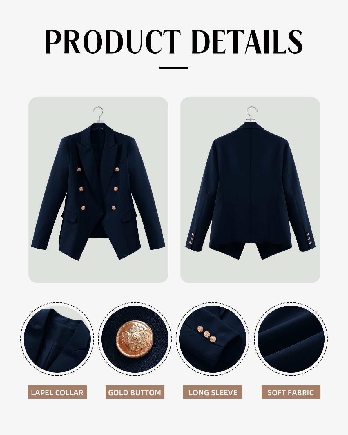 CRAZY GRID Womens Double Breasted Gold Button Business Casual Blazer