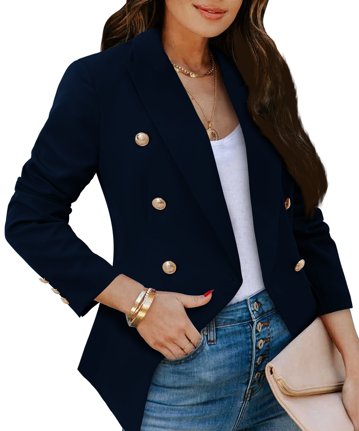 CRAZY GRID Womens Double Breasted Gold Button Business Casual Blazer