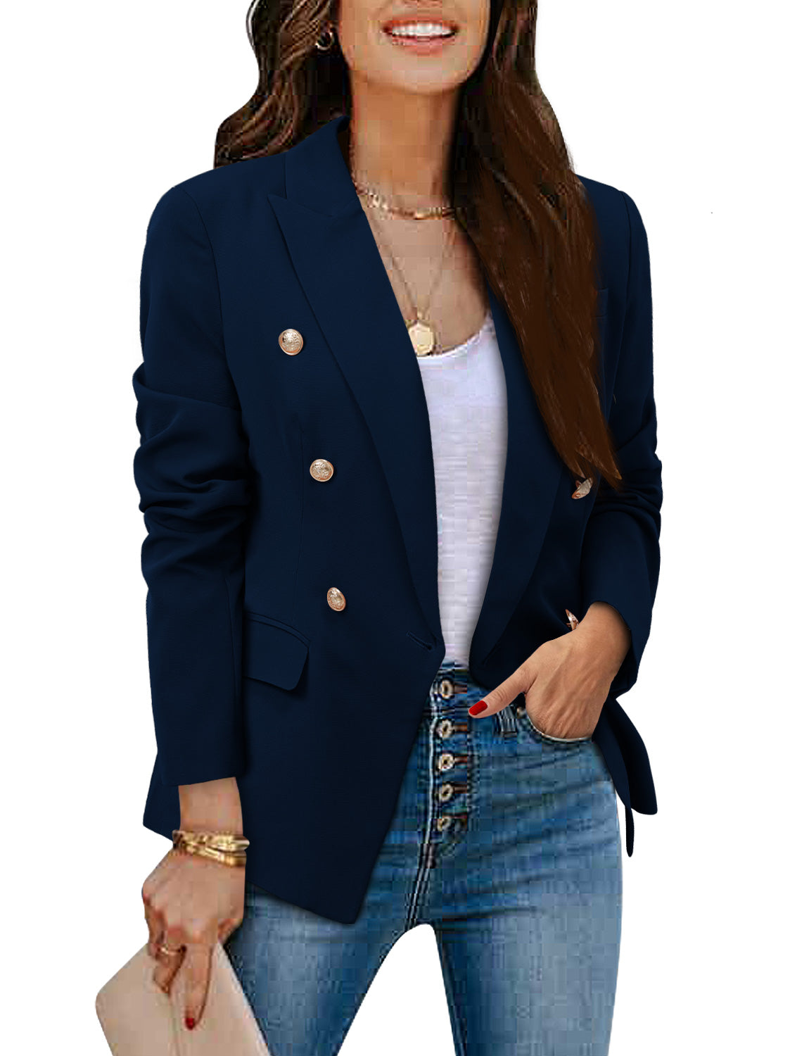 CRAZY GRID Womens Double Breasted Gold Button Business Casual Blazer