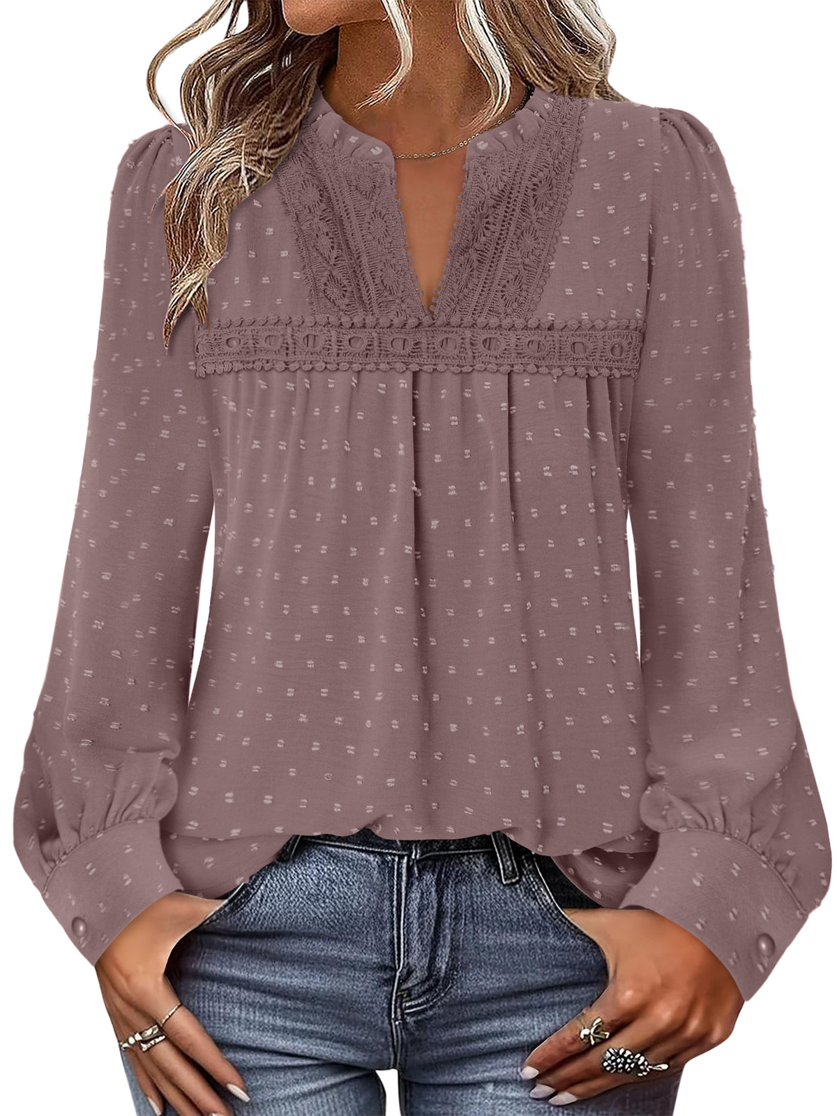 BETTE BOUTIK Womens Boho Fall Fashion Tops Long Sleeve Casual Shirts Flowy Swiss Dot Blouses
