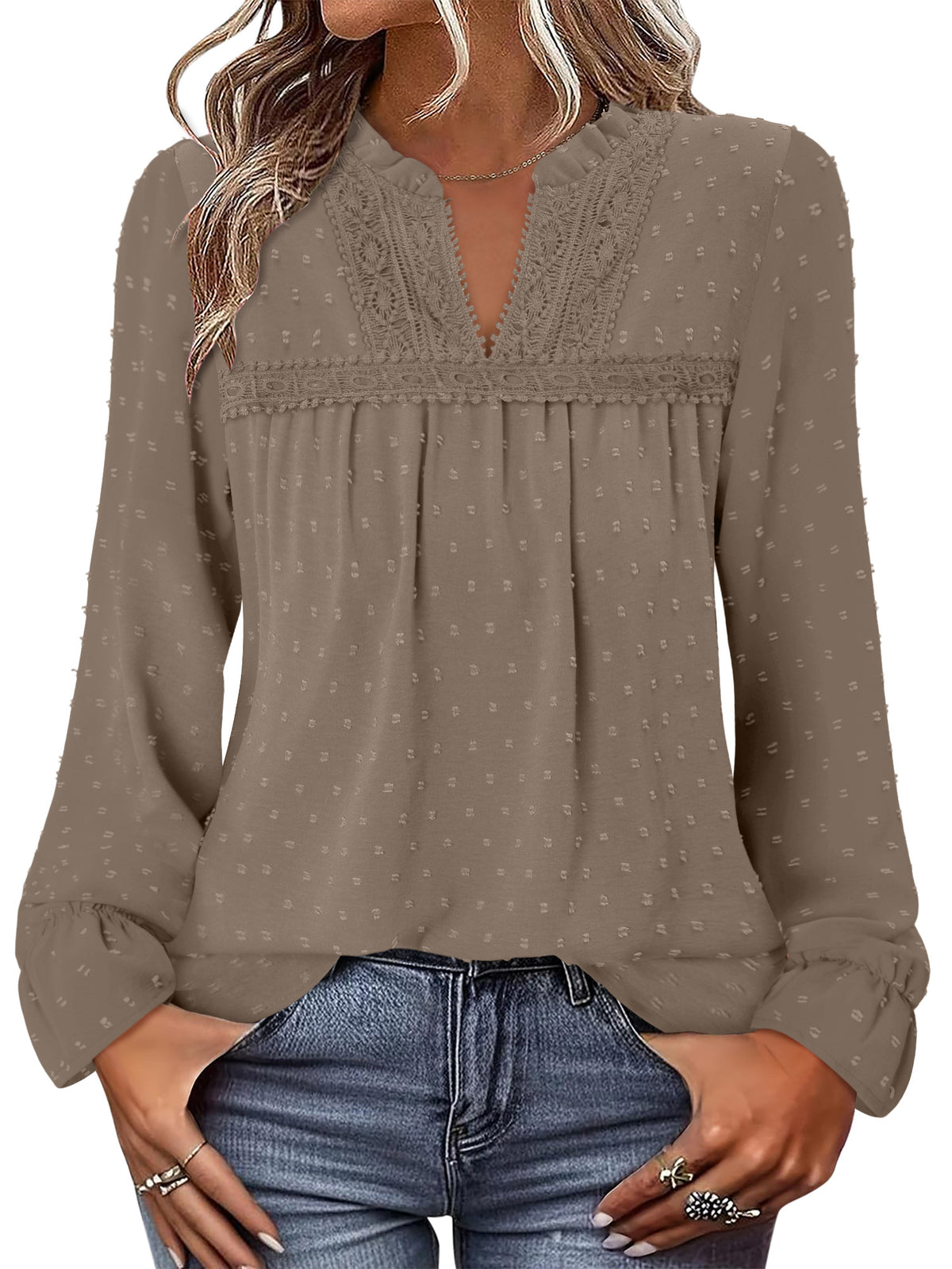 BETTE BOUTIK Womens Boho Fall Fashion Tops Long Sleeve Casual Shirts Flowy Swiss Dot Blouses