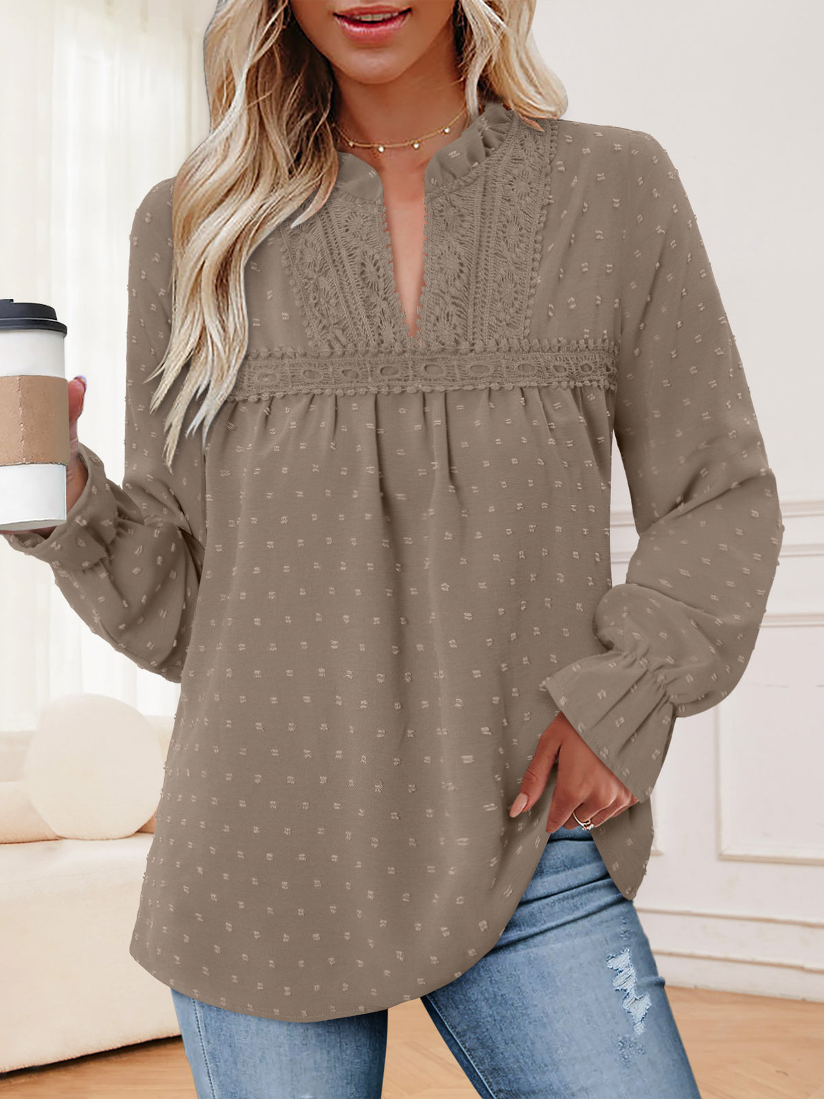 BETTE BOUTIK Womens Boho Fall Fashion Tops Long Sleeve Casual Shirts Flowy Swiss Dot Blouses