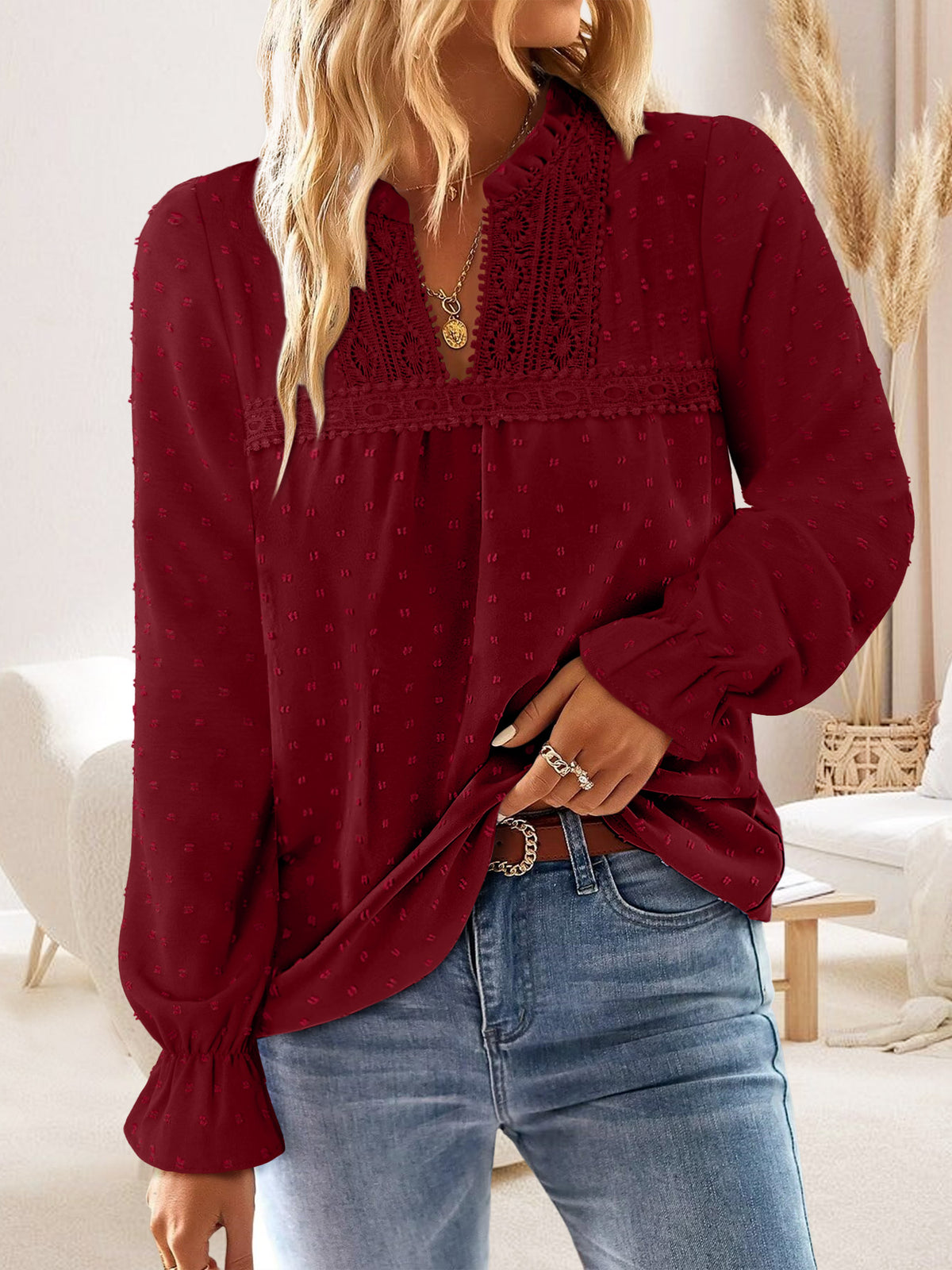 BETTE BOUTIK Womens Boho Fall Fashion Tops Long Sleeve Casual Shirts Flowy Swiss Dot Blouses