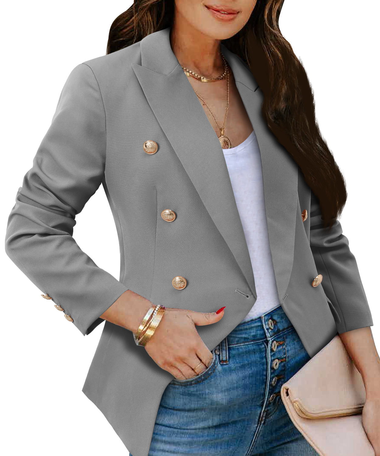 CRAZY GRID Womens Double Breasted Gold Button Business Casual Blazer