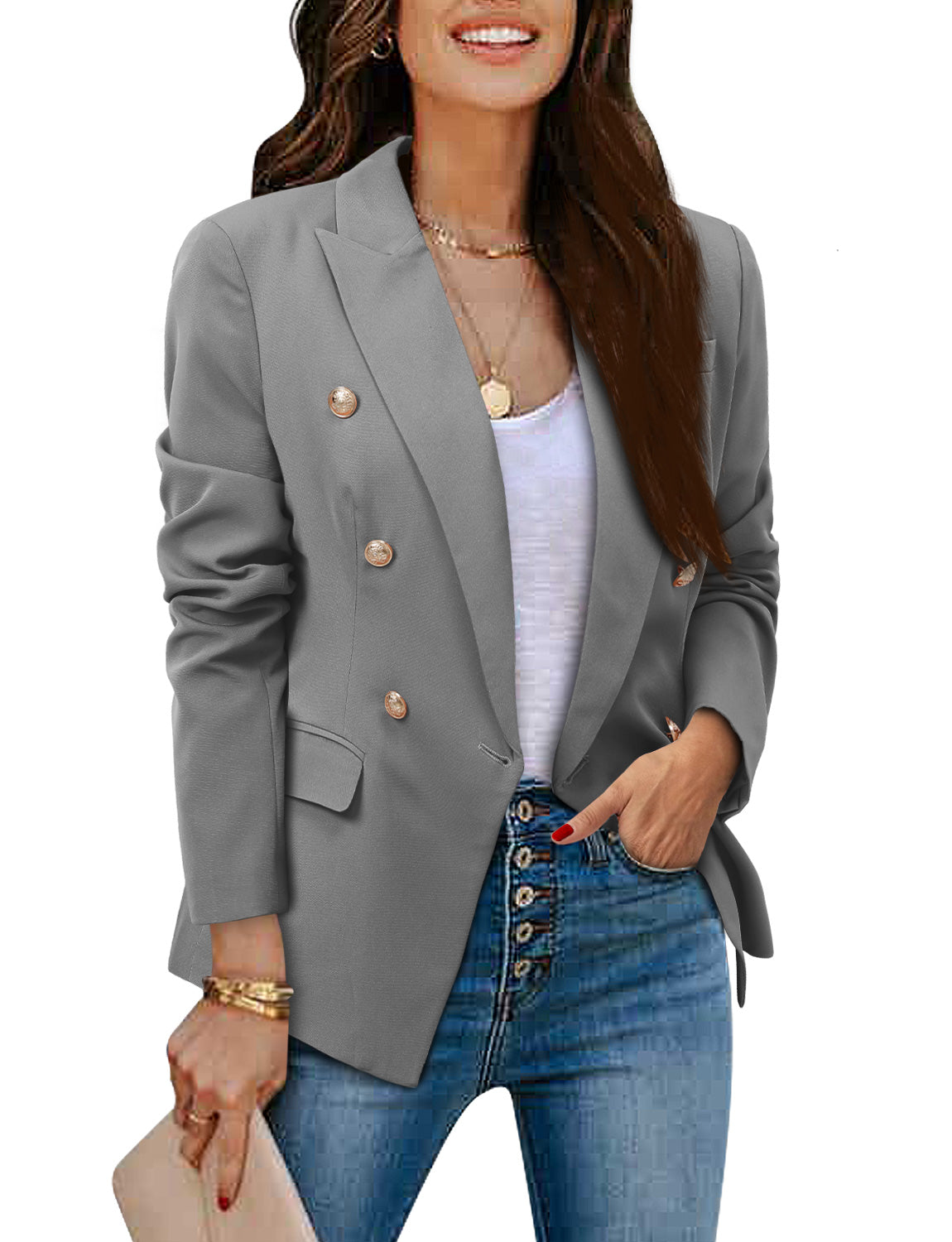 CRAZY GRID Womens Double Breasted Gold Button Business Casual Blazer