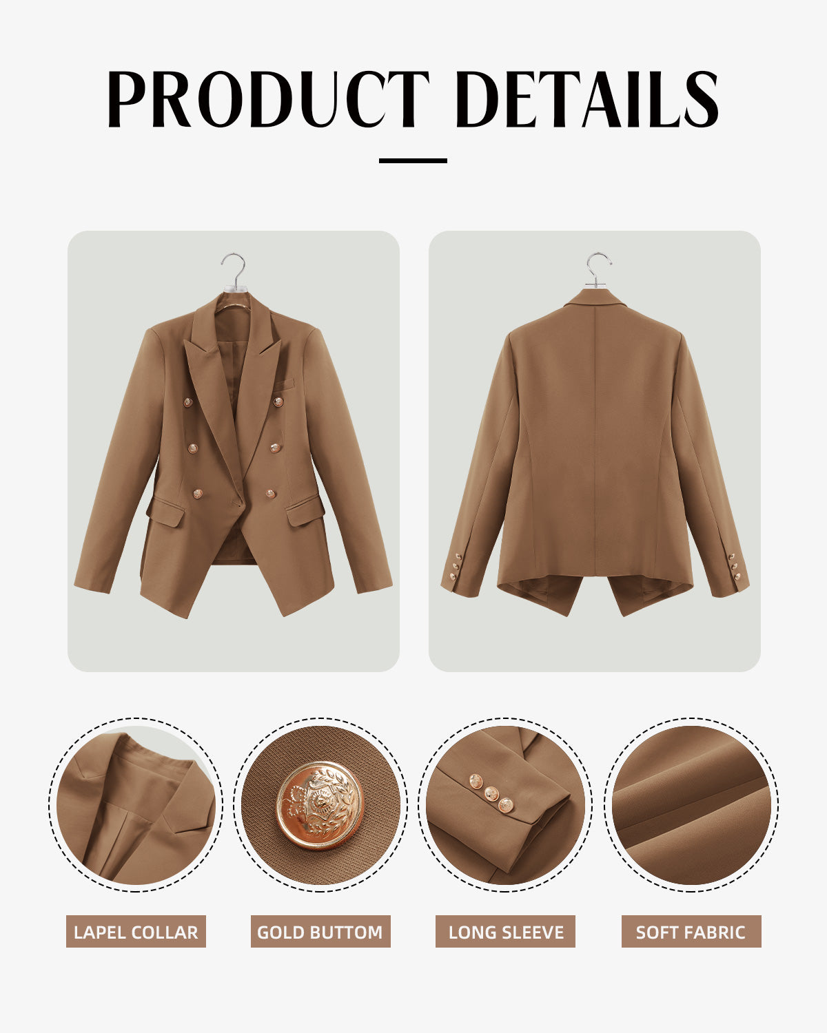 CRAZY GRID Womens Double Breasted Gold Button Business Casual Blazer