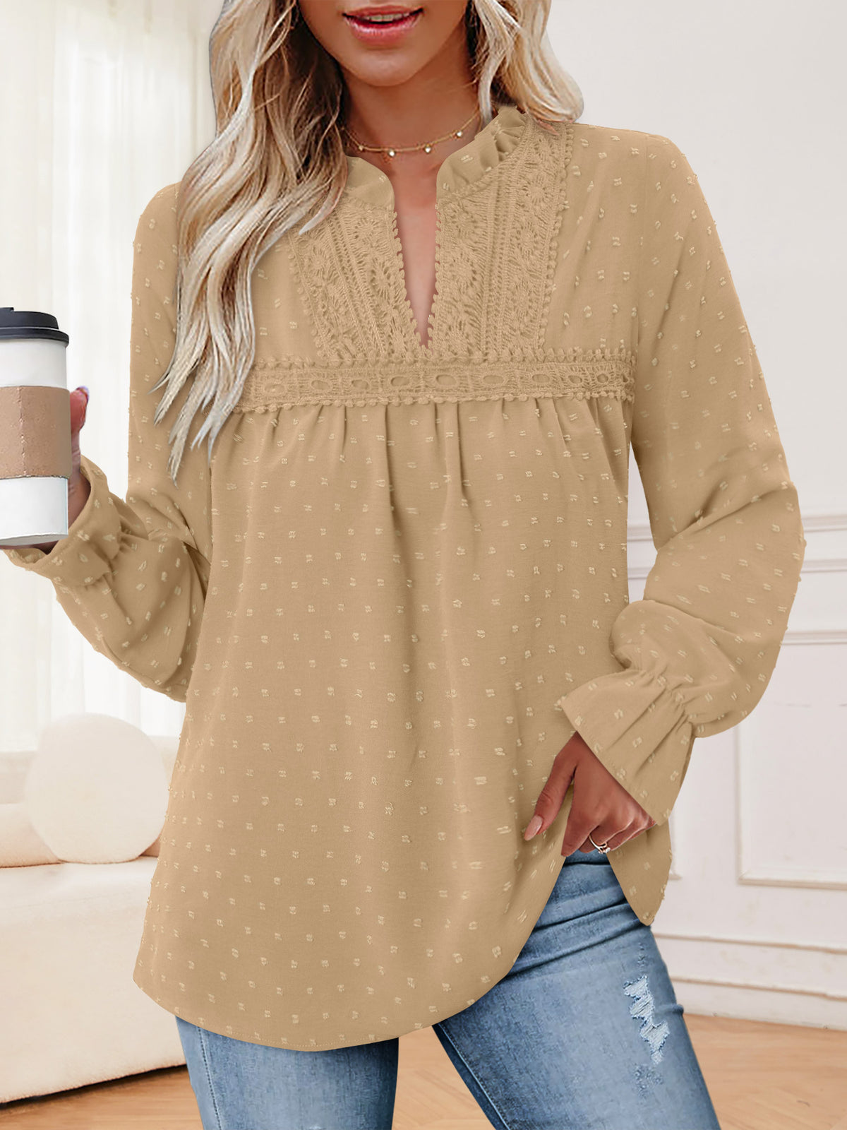 BETTE BOUTIK Womens Boho Fall Fashion Tops Long Sleeve Casual Shirts Flowy Swiss Dot Blouses